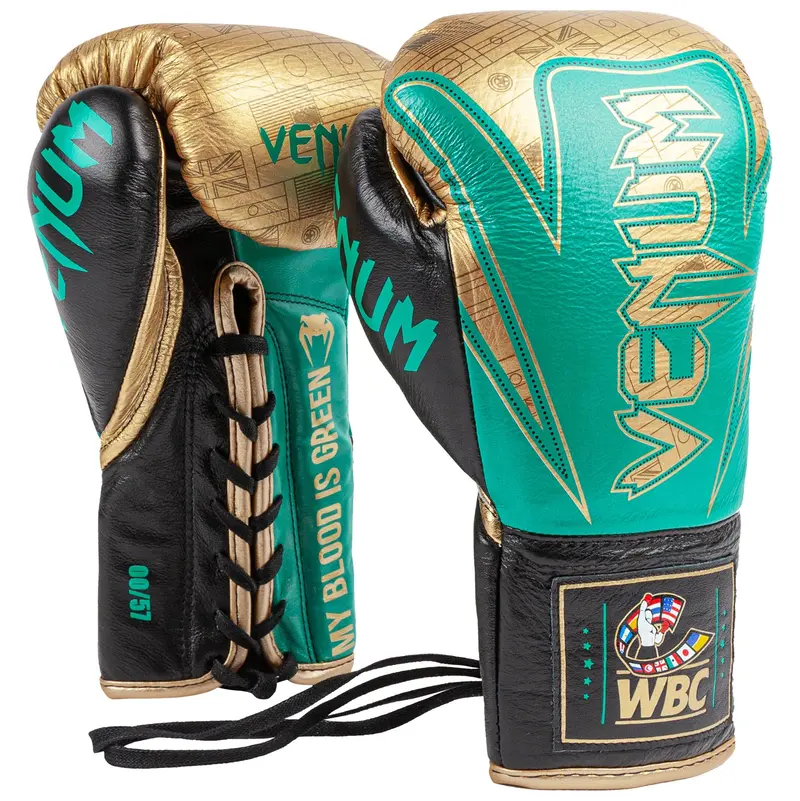 Gants de boxe Pro Venum Hammer - Edition limitée WBC - Avec Lacets - Vert Métallique/Doré