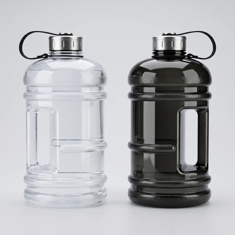 Gourde de sport 2 litres avec poignée — PETG sans BPA, transparente ou noire