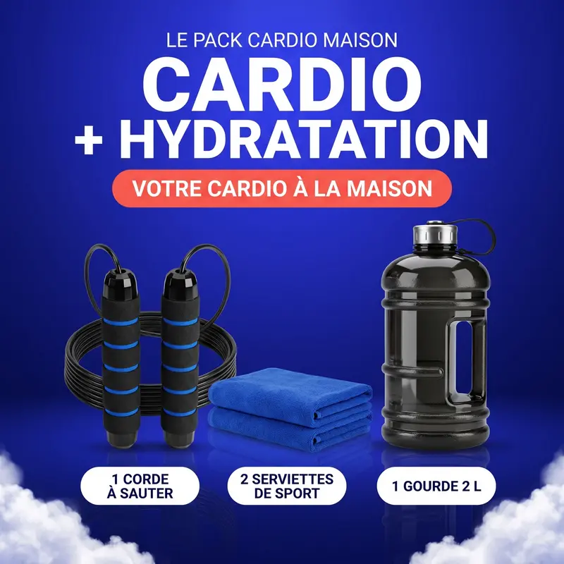 Pack Cardio Maison — corde à sauter, 2 serviettes et gourde 2 L