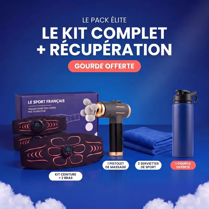Pack Élite — kit ceinture EMS + bras, pistolet de massage, serviettes et gourde offerte