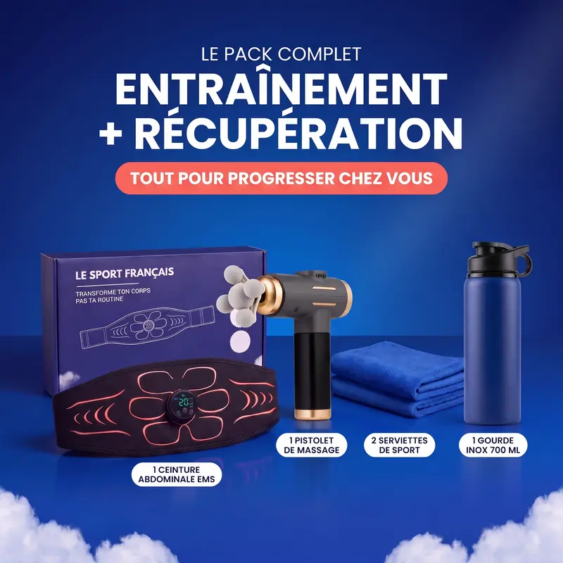 Pack Entraînement & Récupération — ceinture EMS, pistolet de massage, serviettes et gourde