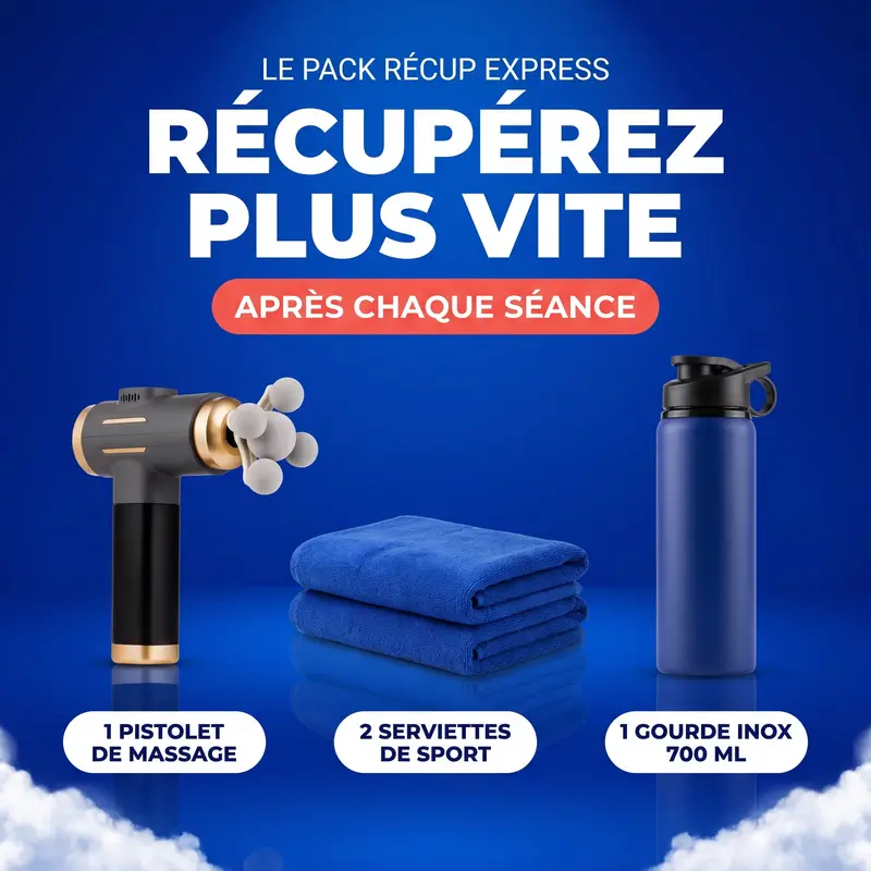 Pack Récup Express — pistolet de massage, 2 serviettes et gourde inox