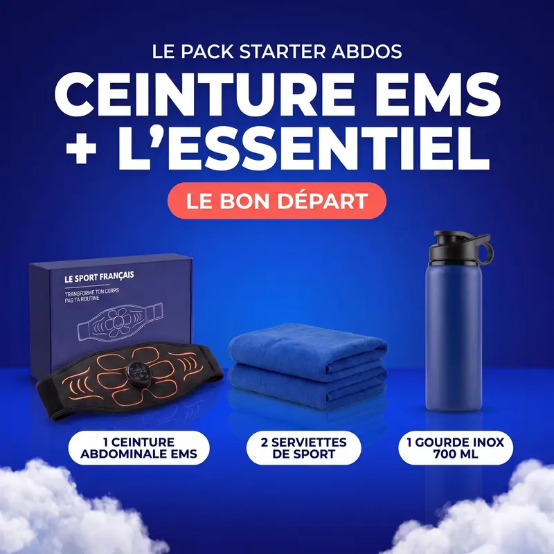 Pack Starter Abdos — ceinture EMS, 2 serviettes et gourde inox