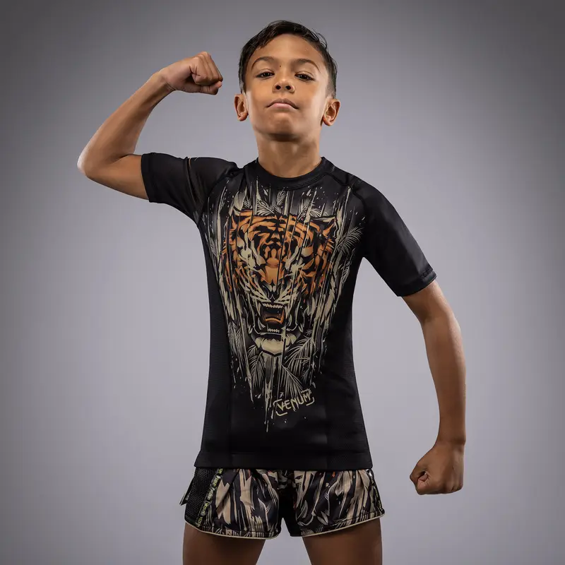 Rashguard à Manches Courtes Venum Tiger pour Enfants - Noir/Orange Néon