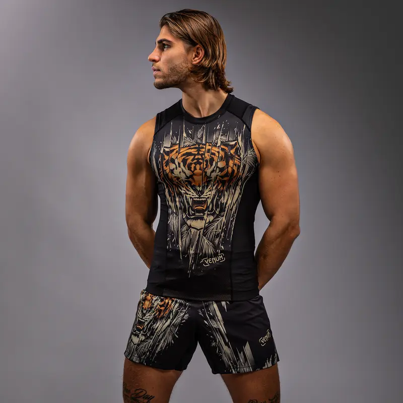 Rashguard sans Manches Venum Tiger pour Hommes - Noir/Orange Néon